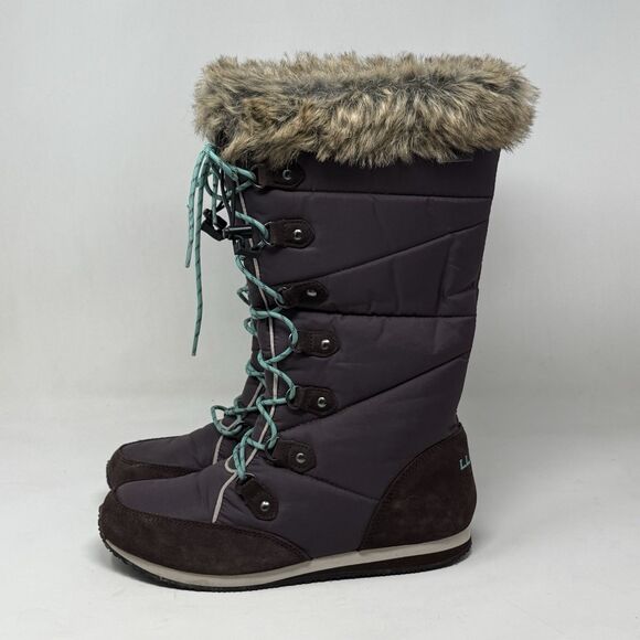 LL Bean Carrabassett Snow Boots Women 8 Brown Fur Trim Insulated Winter Tall - Picture 2 of 15